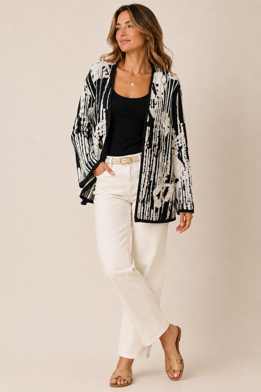 Chico's Black White Floral Textured Open Front Cardigan Sweater Size 1 Medium